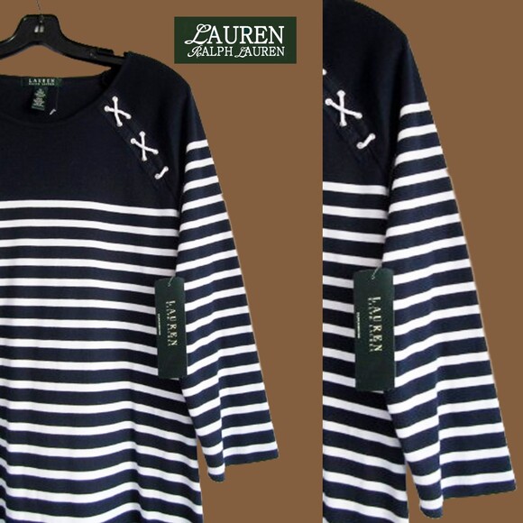 LAUREN RALPH LAUREN NEW Coastal Grandmother Nautical Stripe 3/4-Sleeve Dress XL - Picture 3 of 12